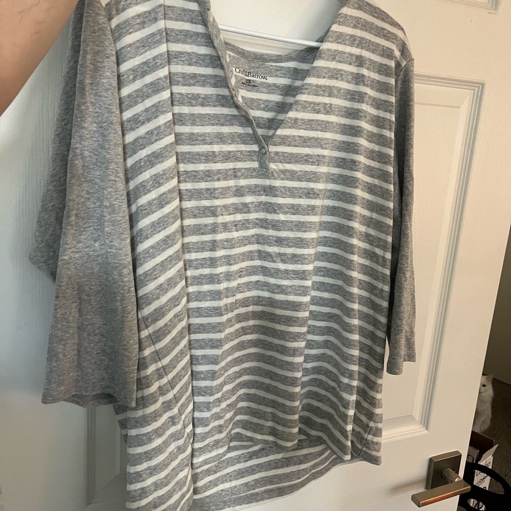 Croft & Barrow Gray and White Striped Top- 2X
